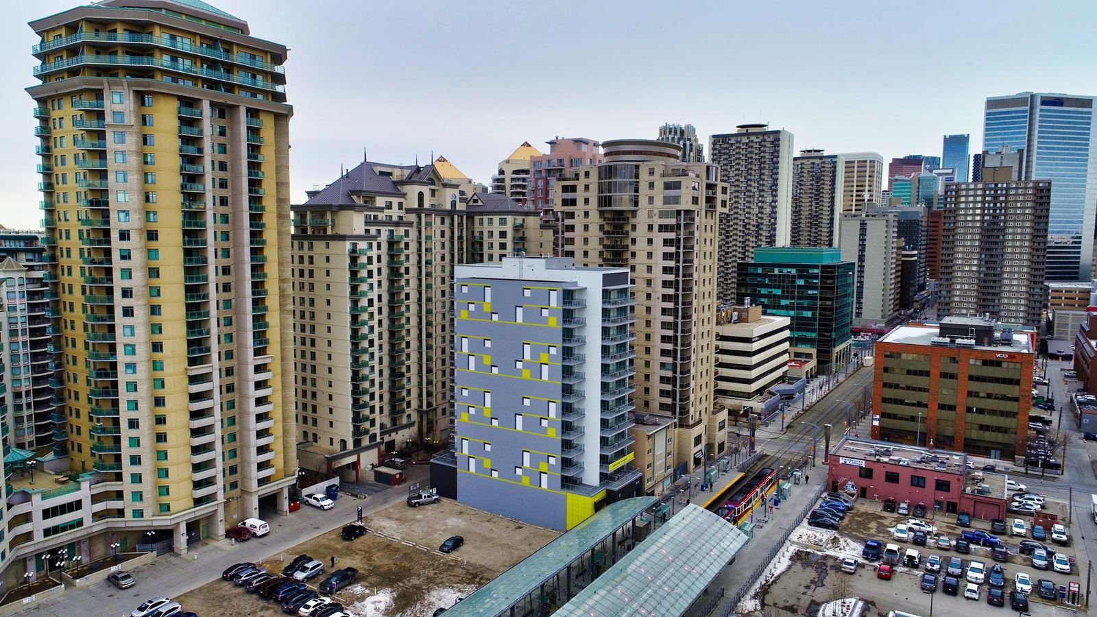 Aerial view of the Downtown West End and the Downtown West&ndash;Kerby CTrain platform