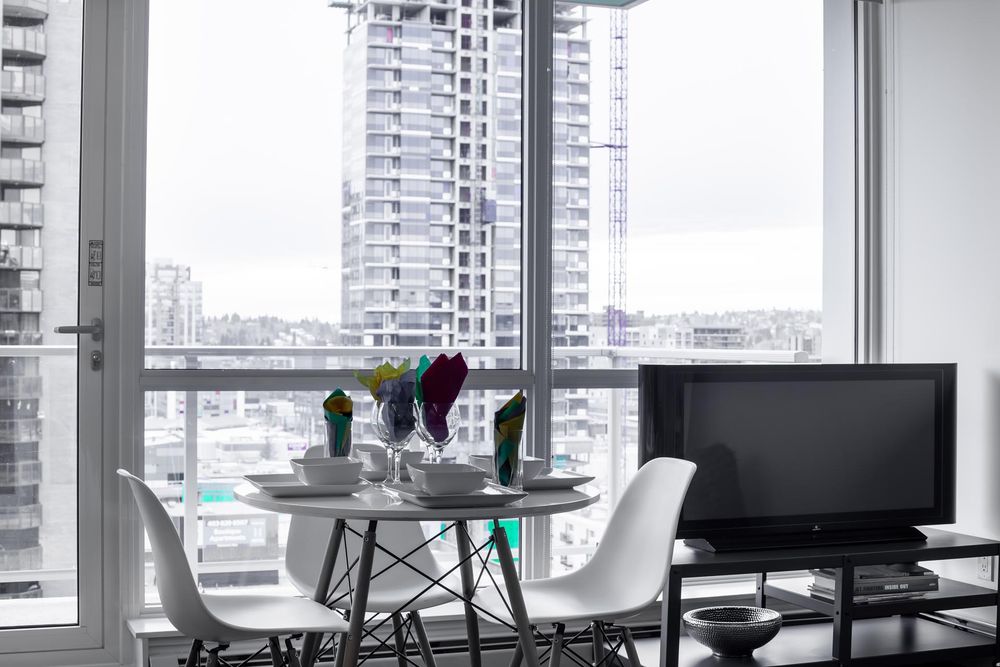 Dining table at the window, looking out over downtown
